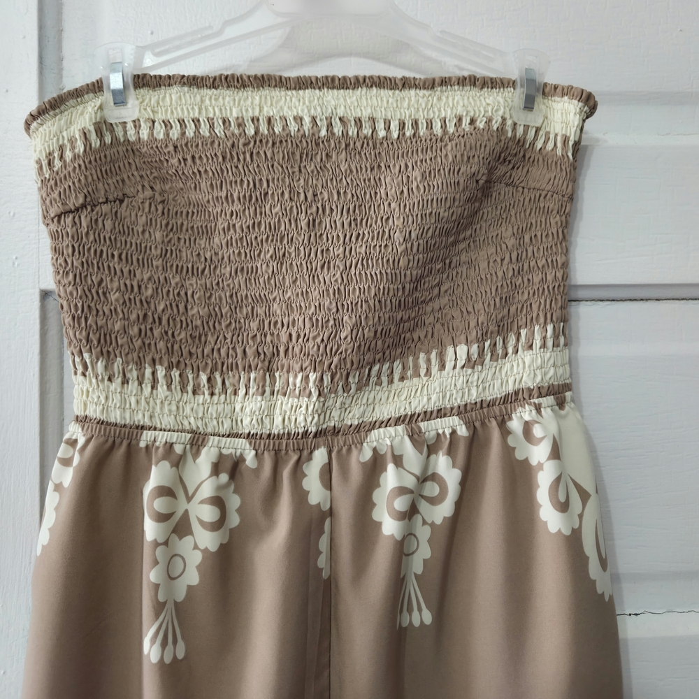 Strapless Smocked Jumpsuit in Taupe and Cream